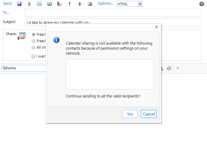 outlook cant share calendar out of network