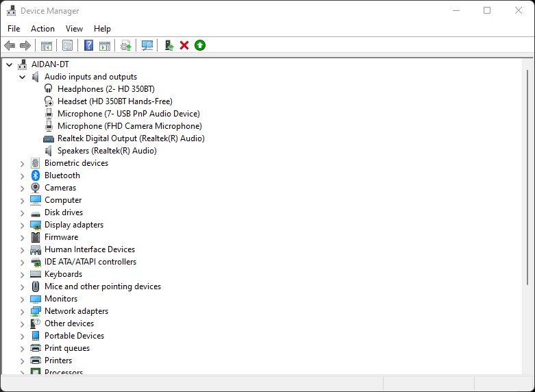 Windows device manager with Headset (HD 350BT Hands-Free) audio device present
