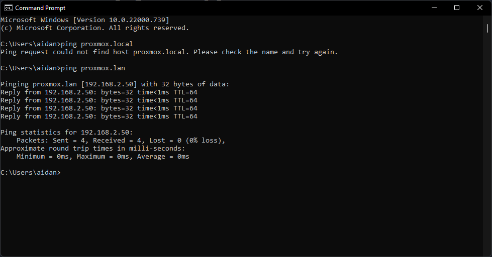 Windows Command Prompt pinging proxmox.lan and proxmox.local