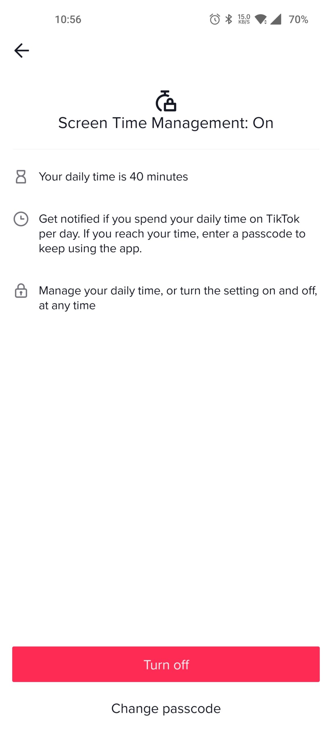 Tiktok Screen Time Management Settings with daily time limit and notifications