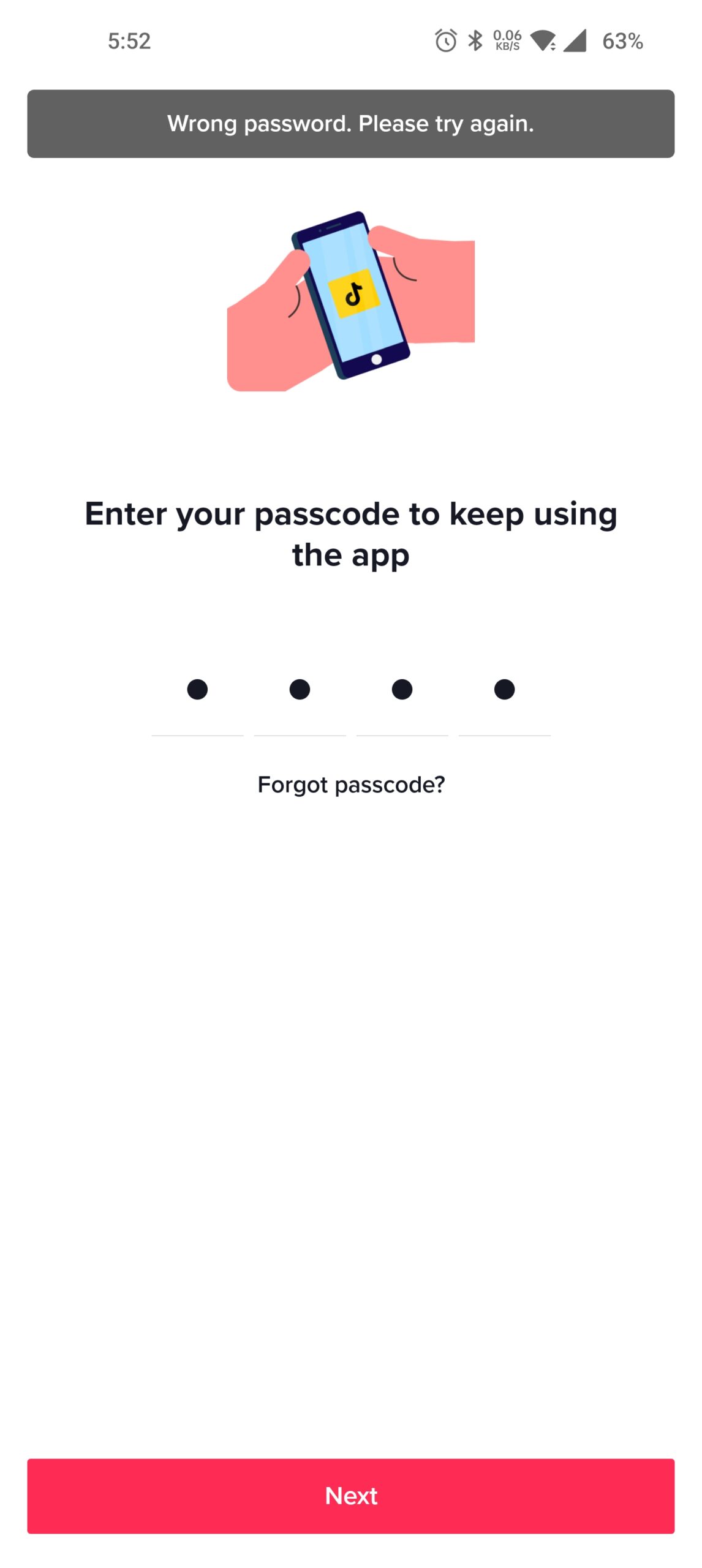 TikTok daily screen time passcode lock showing an incorrect password has been entered