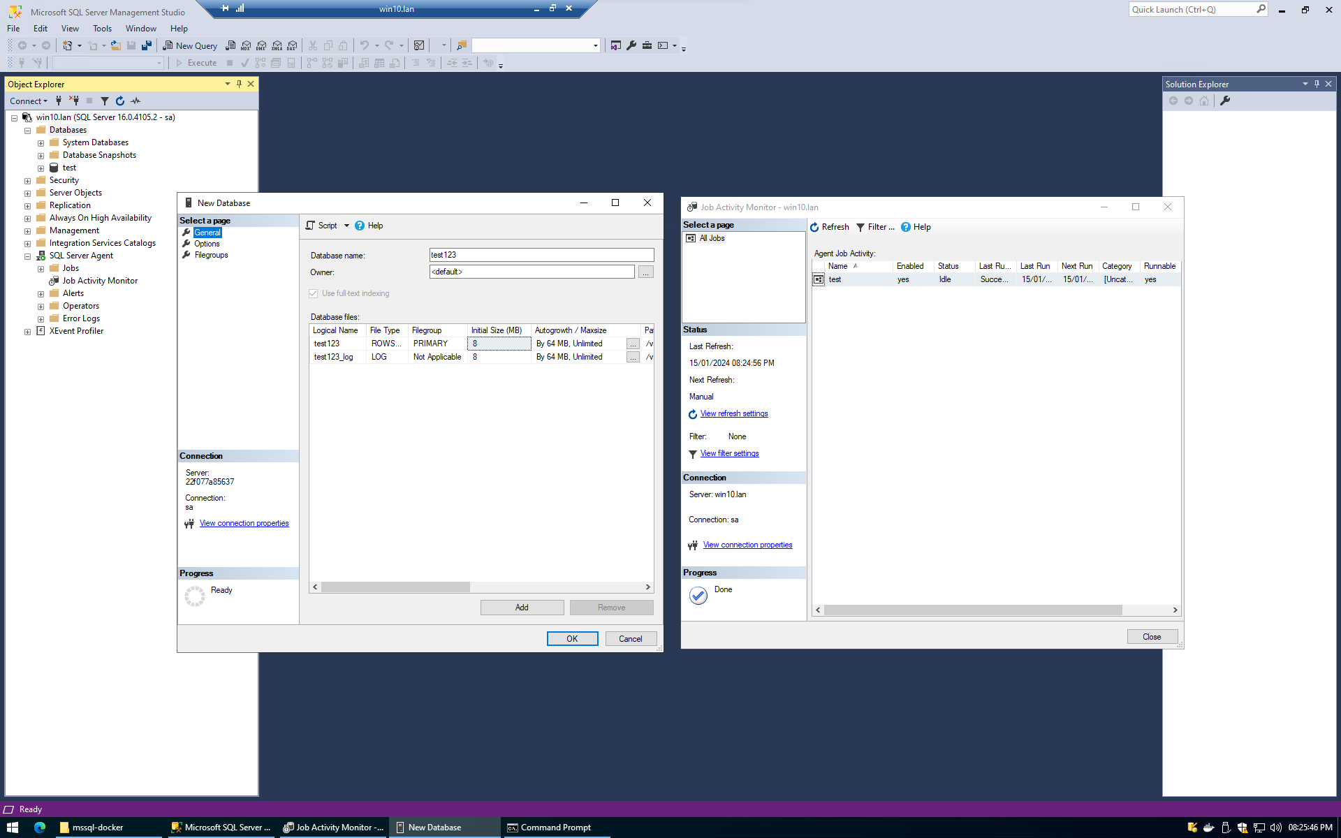 SQL Server Management Studio showing SQL Server 2022 running the database agent and new database dialog boxes.